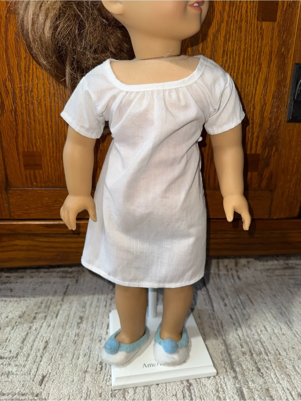 American Girl Felicity white under garnet & white slippers light blue Pom Pom